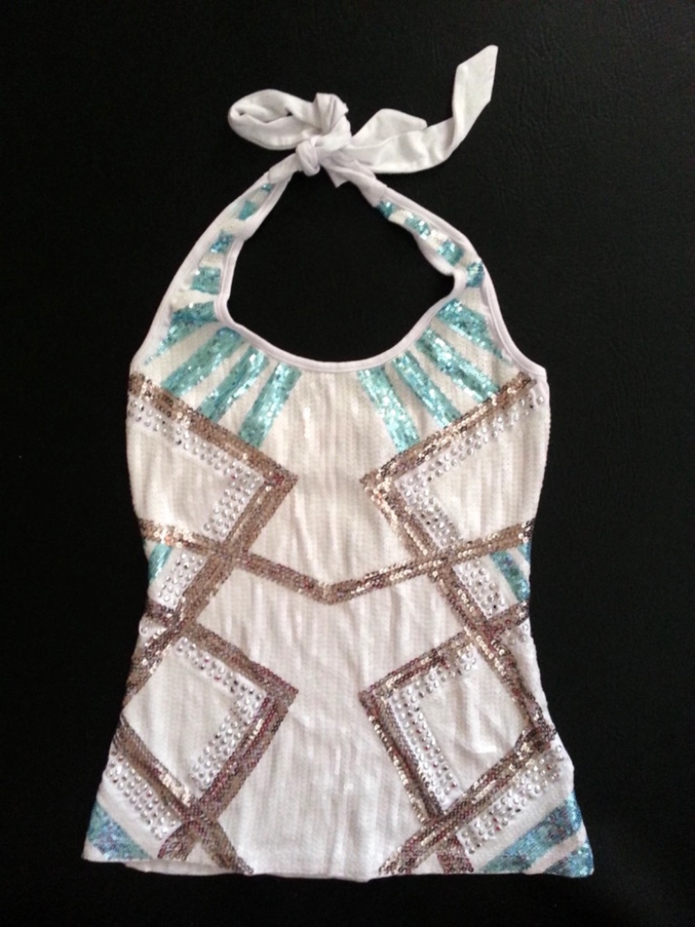 New Bebe 2b Blue White Silver Sequin Studded Cami Halter Tank Top M Medium 6 8